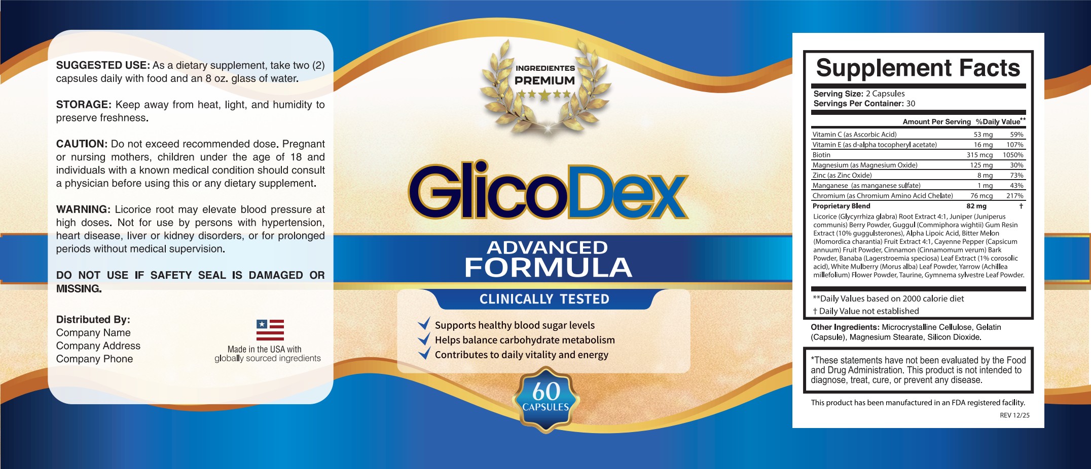 Official GlicoDex Advanced Formula label with full supplement facts